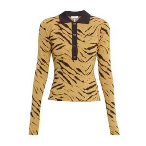 NEW GANNI women's fine merino jacquard polo in tiger stripe